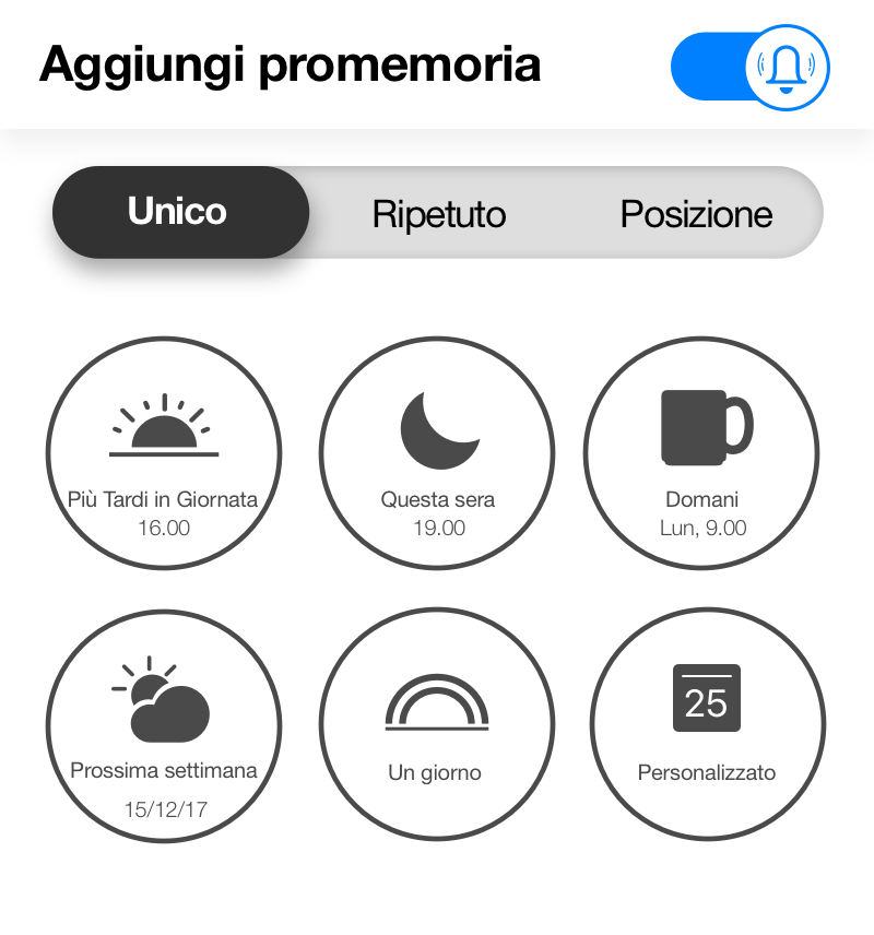 Aggiungi promemoria per impegni giornalieri, settimanali o mensili e promemoria per posizione.