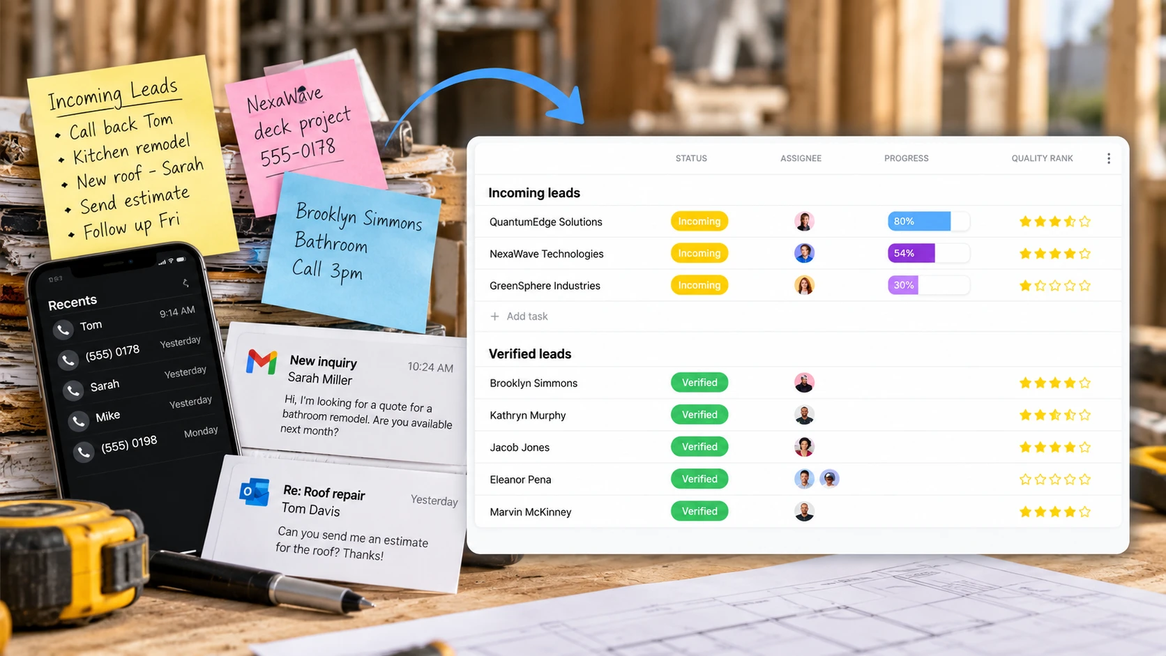 Sticky notes, missed calls and emails turned into an organized board of incoming and verified leads