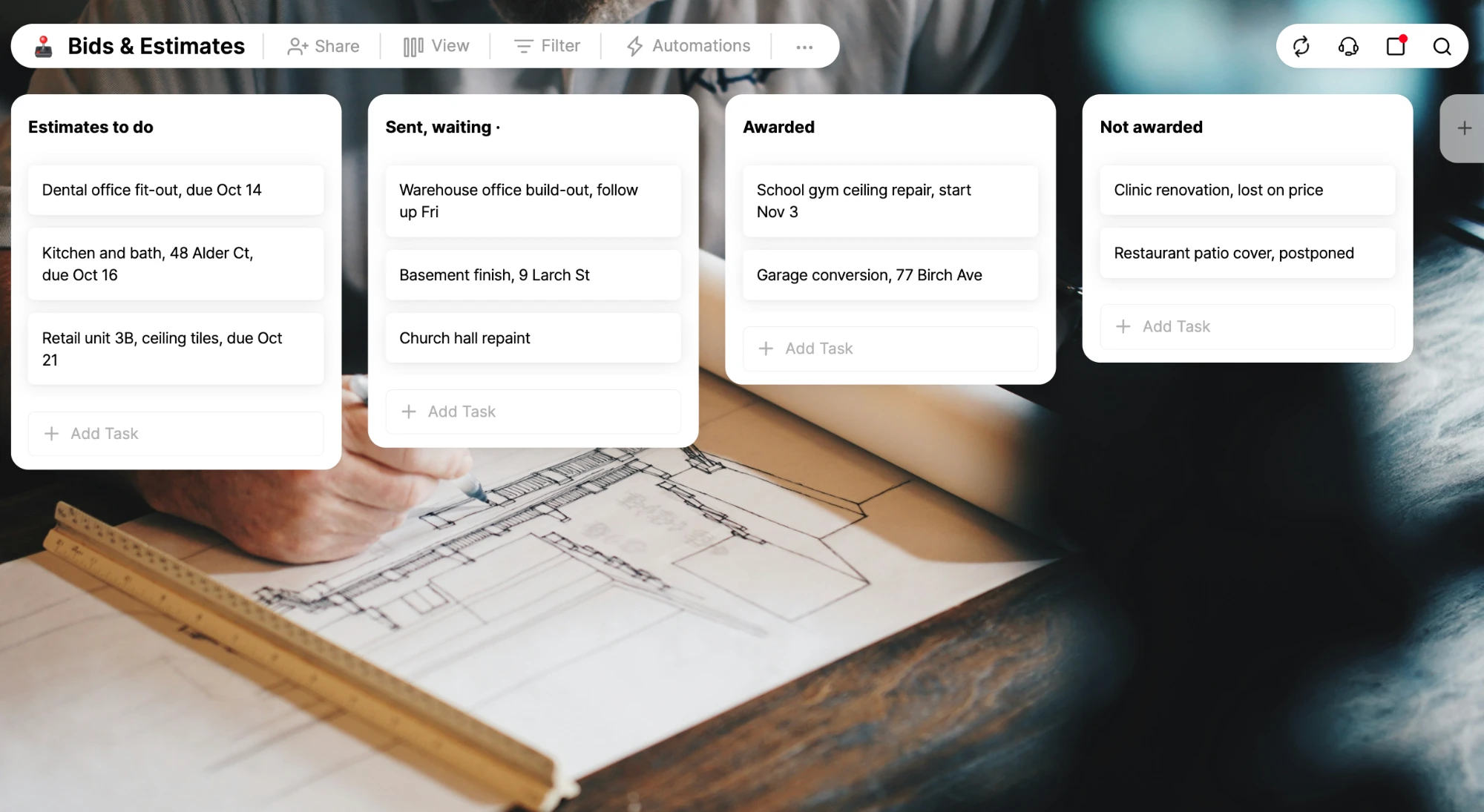 Bids & Estimates board template with Estimates to do, Sent, Awarded and Not awarded columns